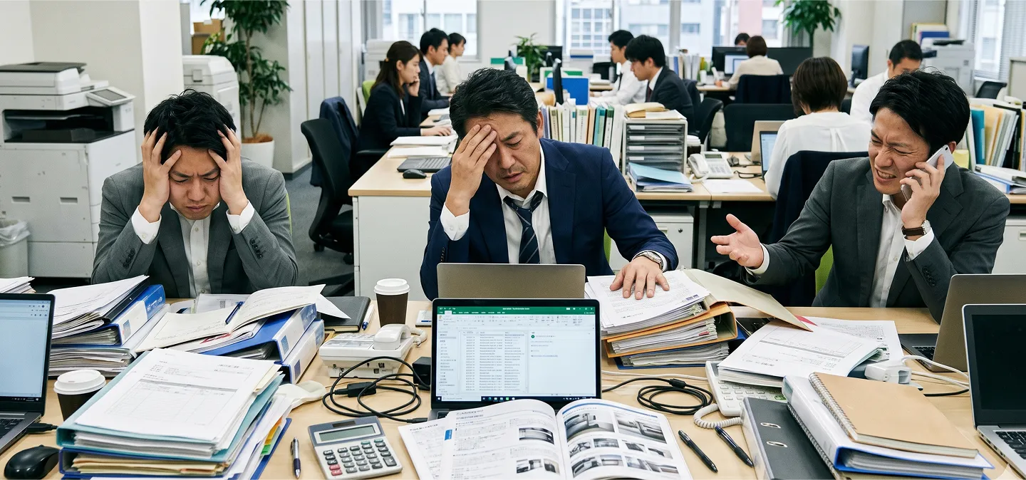 書類に囲まれ、頭を抱えて多忙そうにするオフィスの担当者たち
