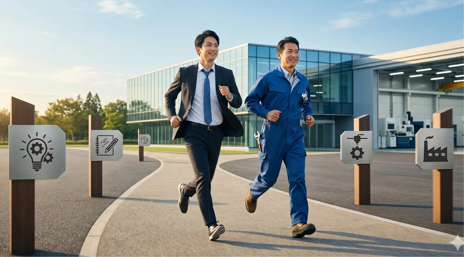スーツ姿の担当者と作業服の技術者が並んで走る様子