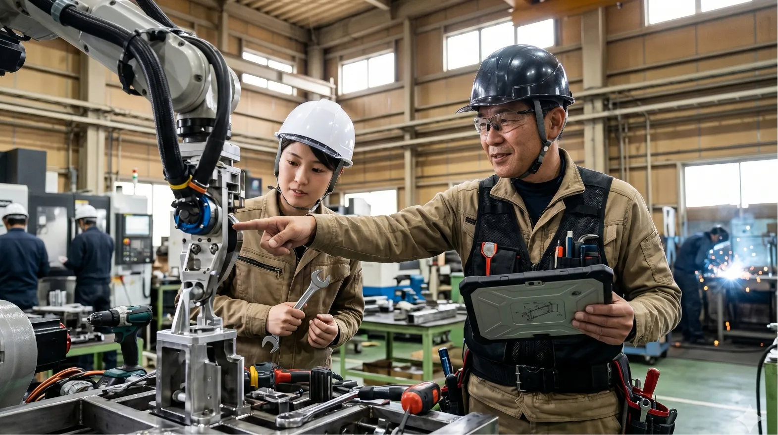 工場でベテラン技術者がタブレットを手に若手技術者へ指示する様子
