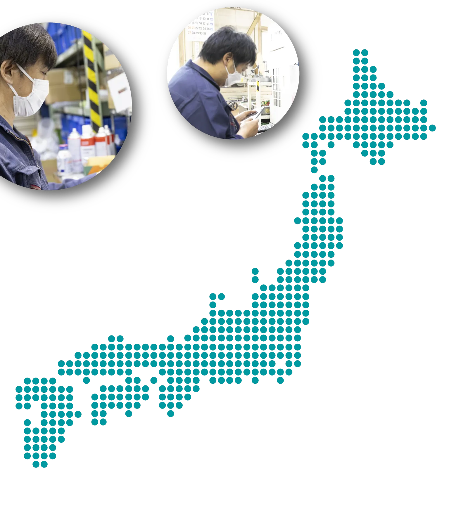 各地の作業者の写真を配した日本地図。全国に広がる製造業ネットワークのイメージ